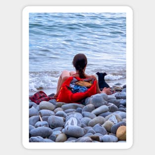 Woman Dog Sea Stones Beach Italy Sticker